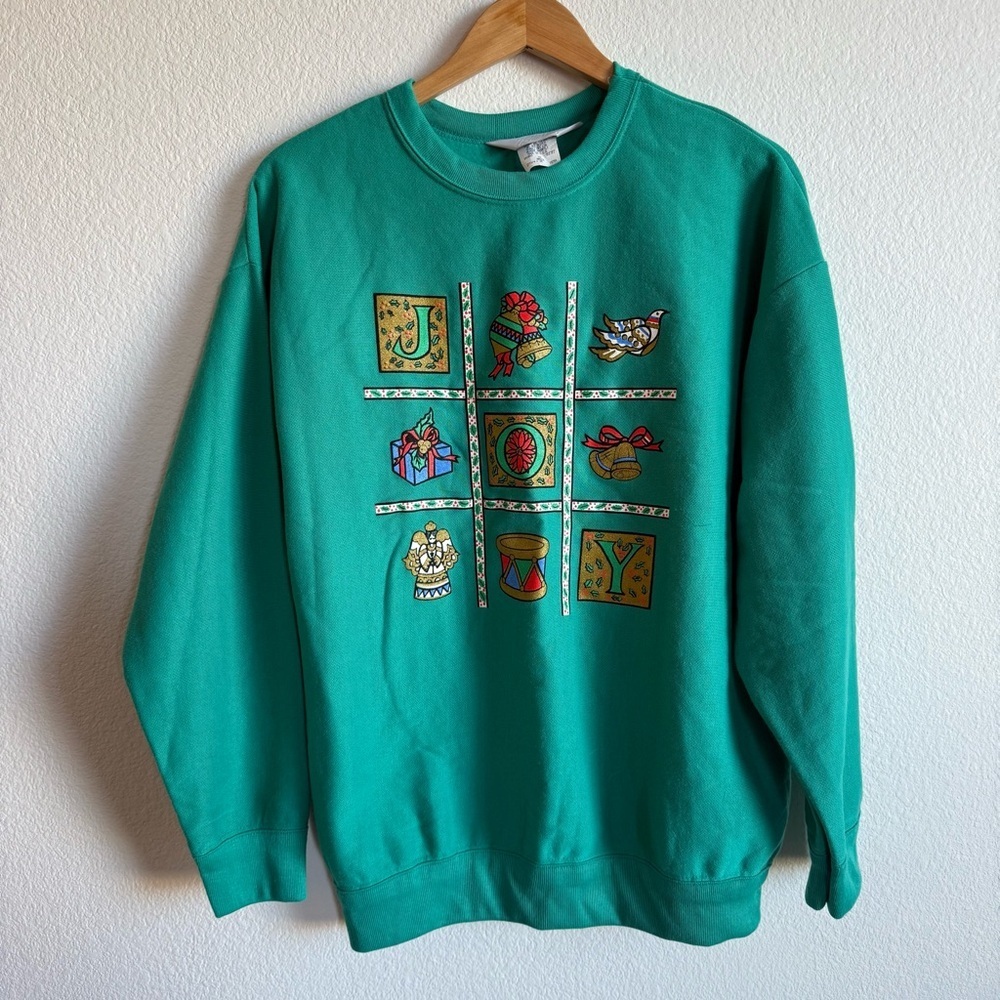 Vintage 90s Green JOY Cozy Nostalgic Christmas Graphic Sweatshirt Size X-Large